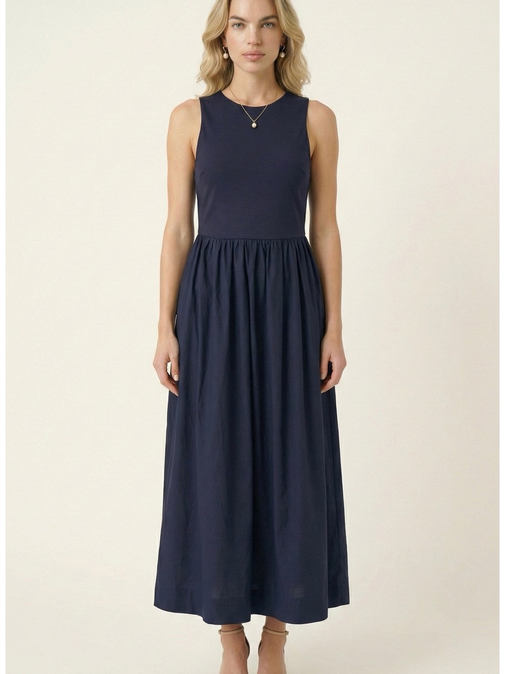 Zara Sleeveless Navy Midi Dress with Gathered Waist - Classic A-Line Style